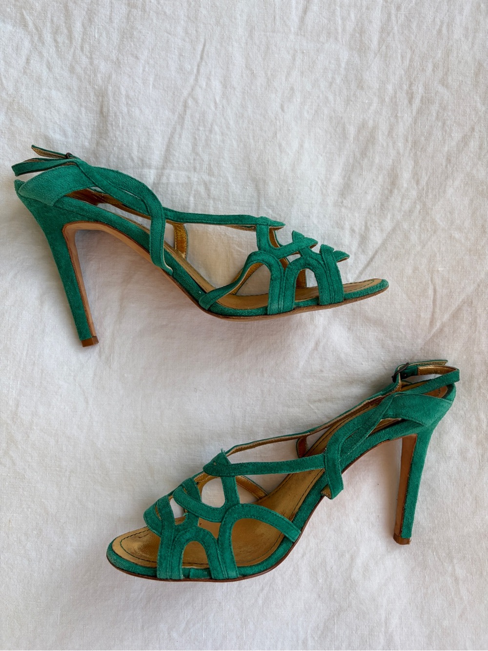 Vintage Manolo Blahnik Suede Strappy Loop Open Toe Heels Emerald Green - Picture 5 of 11